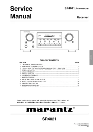 Marantz sr4021 service manual cover with a photograph of this device, model type and code, manual contents and modification notice.
