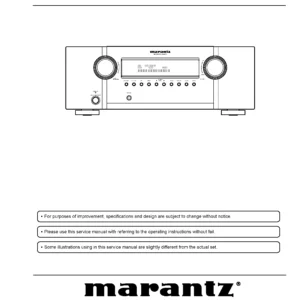 Marantz sr4023 service manual cover with a photograph of this device, model type and code, manual contents and modification notice.