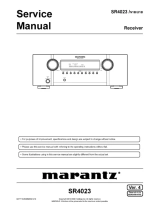 Marantz sr4023 service manual cover with a photograph of this device, model type and code, manual contents and modification notice.