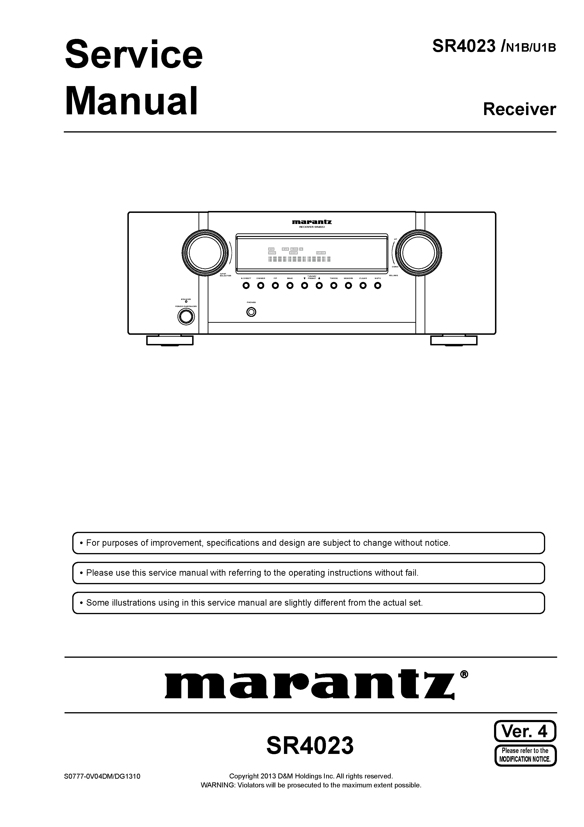 Marantz sr4023 service manual cover with a photograph of this device, model type and code, manual contents and modification notice.