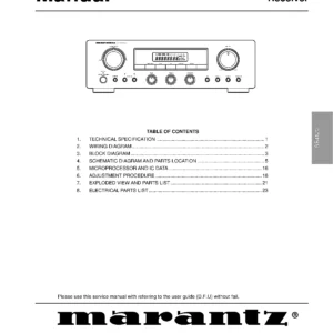 Marantz sr4120 service manual cover with a photograph of this device, model type and code, manual contents and modification notice.