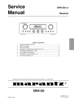 Marantz sr4120 service manual cover with a photograph of this device, model type and code, manual contents and modification notice.