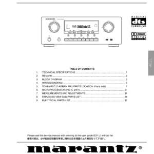 Marantz sr4200 service manual cover with a photograph of this device, model type and code, manual contents and modification notice.