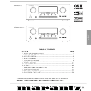 Marantz sr4300 service manual cover with a photograph of this device, model type and code, manual contents and modification notice.
