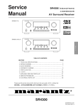 Marantz sr4300 service manual cover with a photograph of this device, model type and code, manual contents and modification notice.