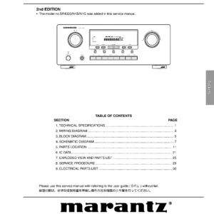 Marantz sr4320 service manual cover with a photograph of this device, model type and code, manual contents and modification notice.