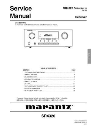 Marantz sr4320 service manual cover with a photograph of this device, model type and code, manual contents and modification notice.