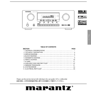 Marantz sr4400 service manual cover with a photograph of this device, model type and code, manual contents and modification notice.