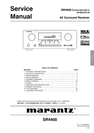 Marantz sr4400 service manual cover with a photograph of this device, model type and code, manual contents and modification notice.