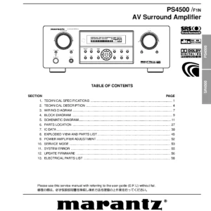 Marantz sr4500 service manual cover with a photograph of this device, model type and code, manual contents and modification notice.