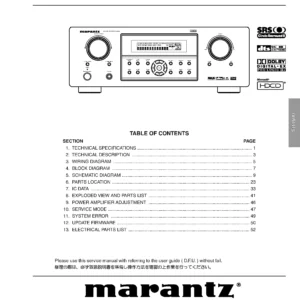 Marantz sr4600 service manual cover with a photograph of this device, model type and code, manual contents and modification notice.