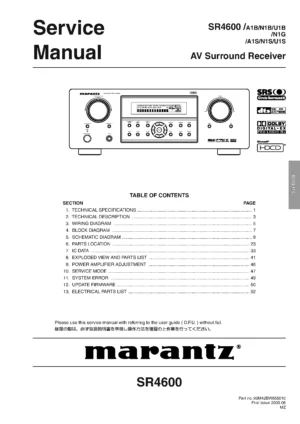 Marantz sr4600 service manual cover with a photograph of this device, model type and code, manual contents and modification notice.