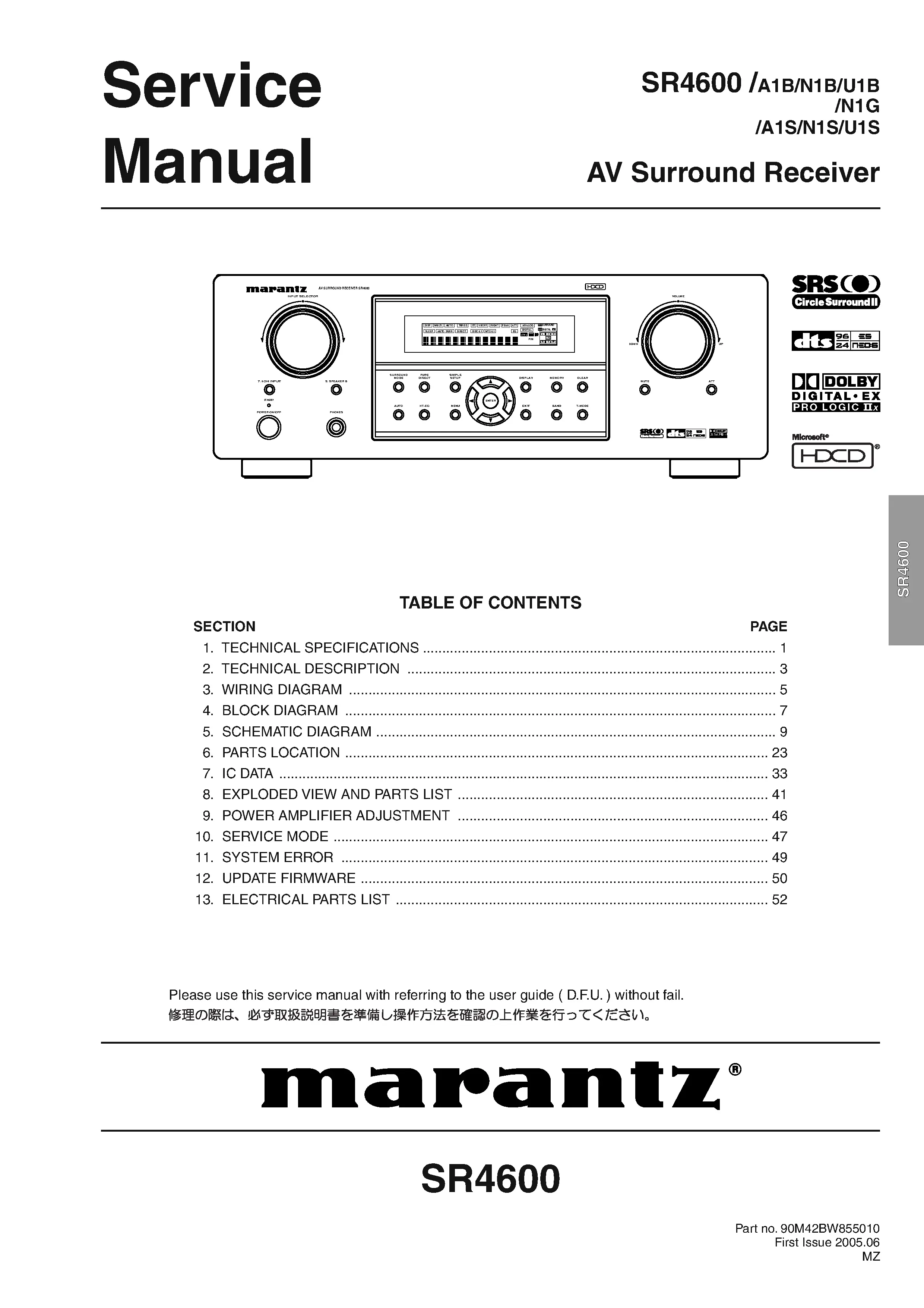 Marantz sr4600 service manual cover with a photograph of this device, model type and code, manual contents and modification notice.