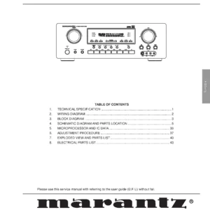 Marantz sr5000 service manual cover with a photograph of this device, model type and code, manual contents and modification notice.