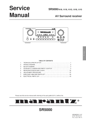 Marantz sr5000 service manual cover with a photograph of this device, model type and code, manual contents and modification notice.