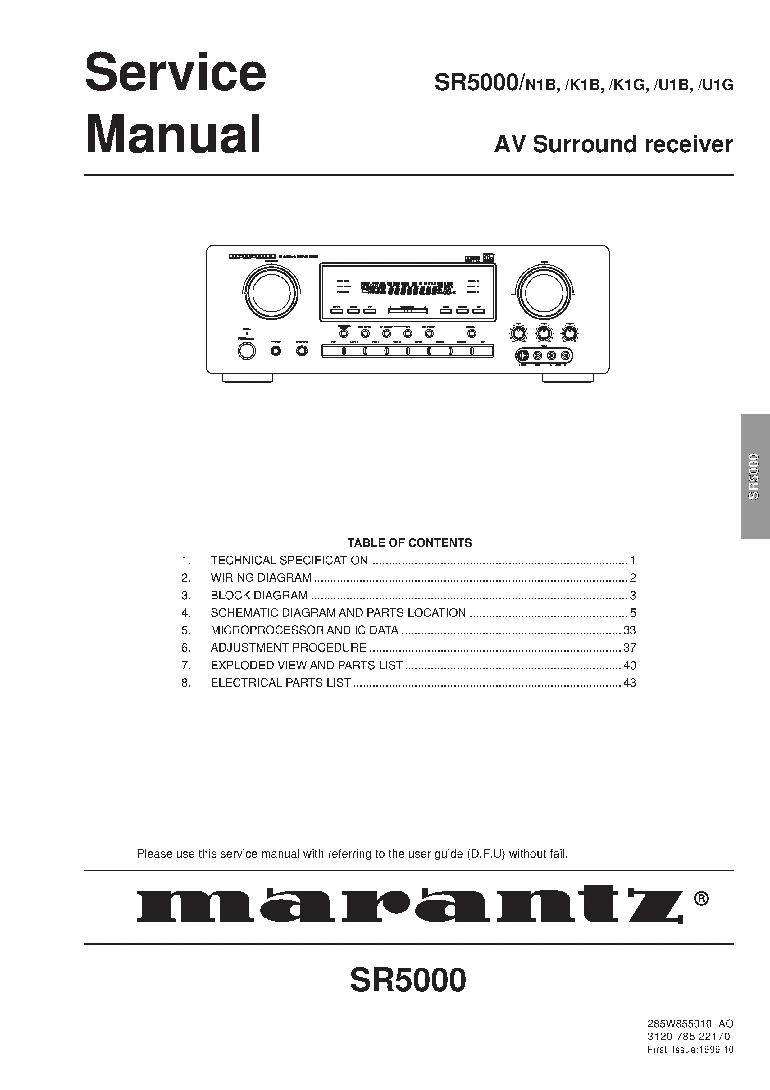 Marantz sr5000 service manual cover with a photograph of this device, model type and code, manual contents and modification notice.