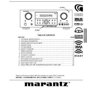 Marantz sr5001 service manual cover with a photograph of this device, model type and code, manual contents and modification notice.