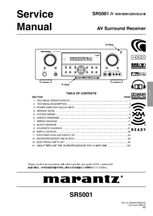 Marantz sr5001 service manual cover with a photograph of this device, model type and code, manual contents and modification notice.