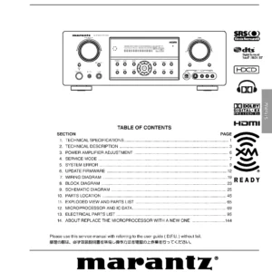 Marantz sr5002 service manual cover with a photograph of this device, model type and code, manual contents and modification notice.