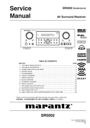 Marantz sr5002 service manual cover with a photograph of this device, model type and code, manual contents and modification notice.