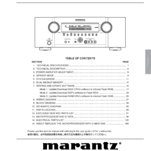 Marantz sr5003 service manual cover with a photograph of this device, model type and code, manual contents and modification notice.