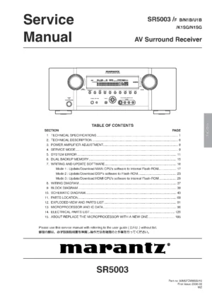 Marantz sr5003 service manual cover with a photograph of this device, model type and code, manual contents and modification notice.