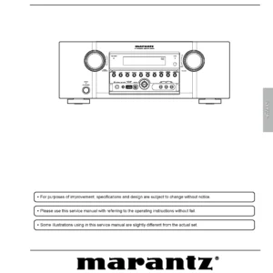 Marantz sr5005 service manual cover with a photograph of this device, model type and code, manual contents and modification notice.