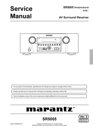 Marantz sr5005 service manual cover with a photograph of this device, model type and code, manual contents and modification notice.
