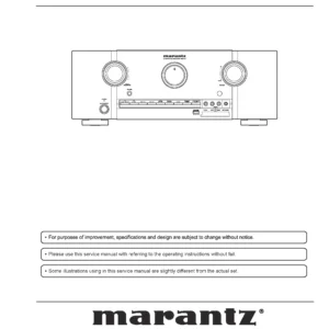 Marantz sr5006 service manual cover with a photograph of this device, model type and code, manual contents and modification notice.