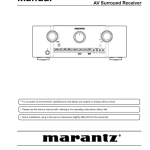 Marantz sr5008 service manual cover with a photograph of this device, model type and code, manual contents and modification notice.