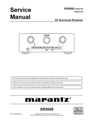 Marantz sr5008 service manual cover with a photograph of this device, model type and code, manual contents and modification notice.