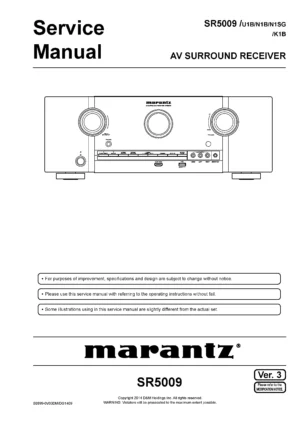 Marantz sr5009 service manual cover with a photograph of this device, model type and code, manual contents and modification notice.