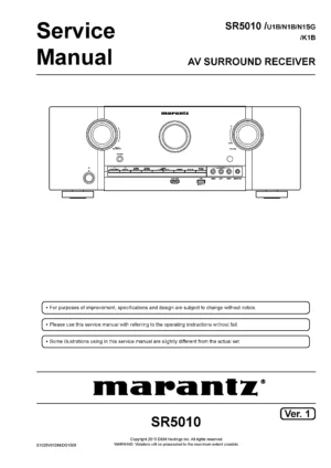 Marantz sr5010 7 2 service manual cover with a photograph of this device, model type and code, manual contents and modification notice.