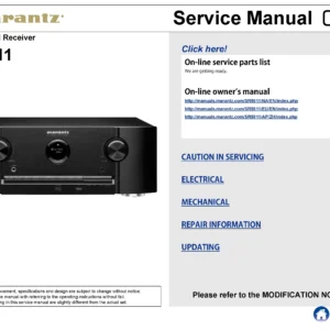 Marantz sr5011 service manual cover with a photograph of this device, model type and code, manual contents and modification notice.