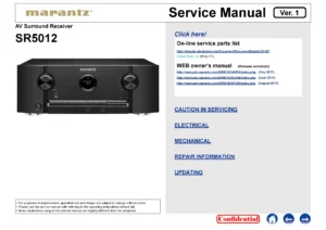 Marantz sr5012 service manual cover with a photograph of this device, model type and code, manual contents and modification notice.