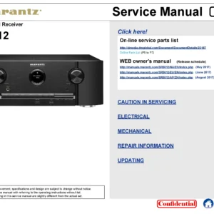 Marantz sr5012 service manual cover with a photograph of this device, model type and code, manual contents and modification notice.
