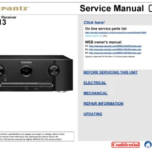 Marantz sr5013 service manual cover with a photograph of this device, model type and code, manual contents and modification notice.