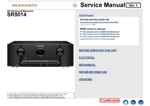Marantz sr5014 4k service manual cover with a photograph of this device, model type and code, manual contents and modification notice.