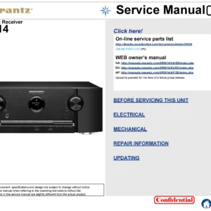 Marantz sr5014 4k service manual cover with a photograph of this device, model type and code, manual contents and modification notice.