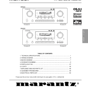 Marantz sr5200 sr6200 service manual cover with a photograph of this device, model type and code, manual contents and modification notice.