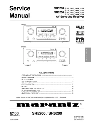 Marantz sr5200 sr6200 service manual cover with a photograph of this device, model type and code, manual contents and modification notice.