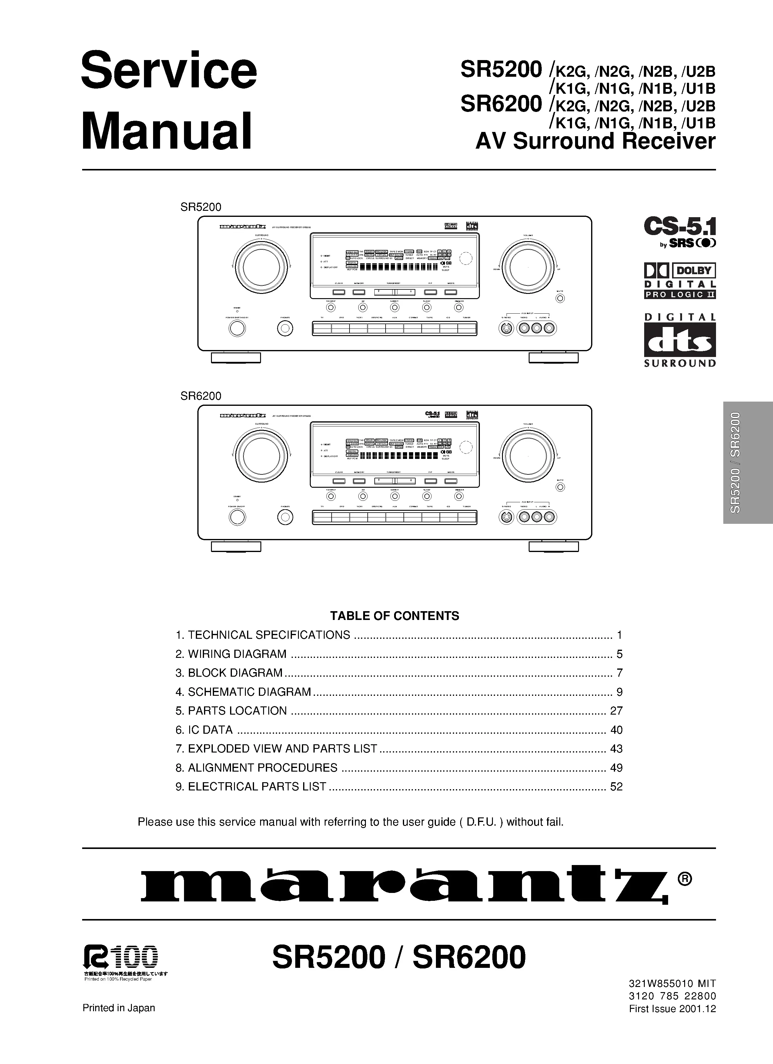 Marantz sr5200 sr6200 service manual cover with a photograph of this device, model type and code, manual contents and modification notice.