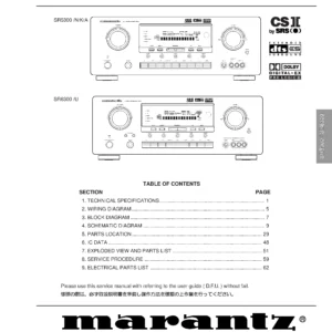 Marantz sr5300 sr6300 service manual cover with a photograph of this device, model type and code, manual contents and modification notice.