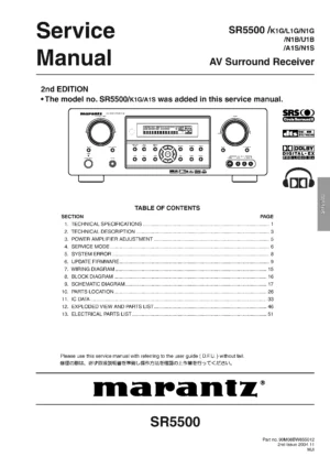 Marantz sr5500 service manual cover with a photograph of this device, model type and code, manual contents and modification notice.