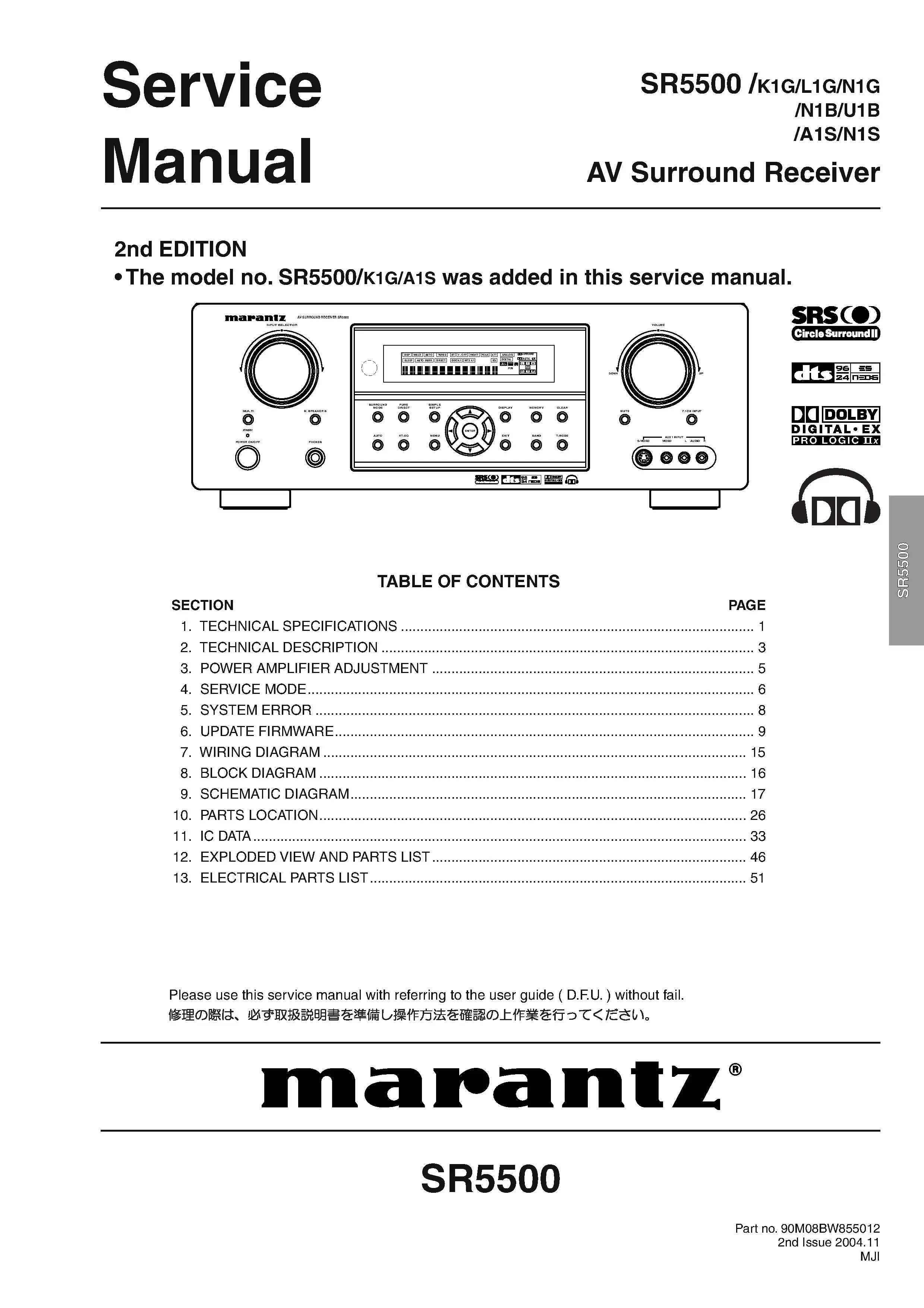 Marantz sr5500 service manual cover with a photograph of this device, model type and code, manual contents and modification notice.