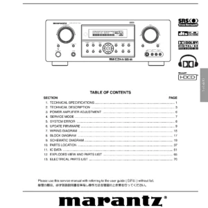 Marantz sr5600 service manual cover with a photograph of this device, model type and code, manual contents and modification notice.