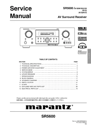 Marantz sr5600 service manual cover with a photograph of this device, model type and code, manual contents and modification notice.