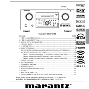 Marantz sr6001 service manual cover with a photograph of this device, model type and code, manual contents and modification notice.