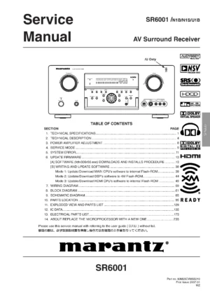 Marantz sr6001 service manual cover with a photograph of this device, model type and code, manual contents and modification notice.