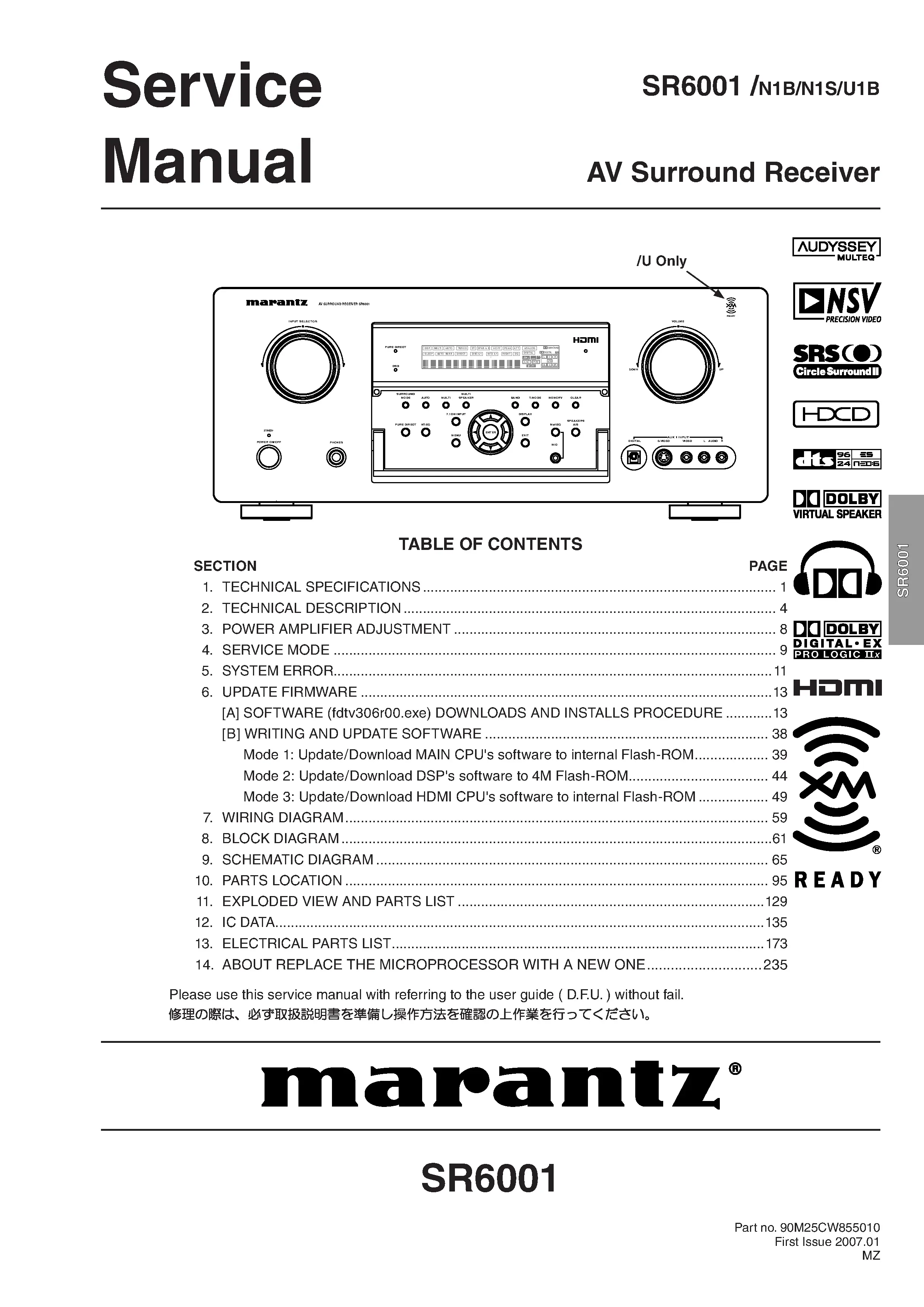 Marantz sr6001 service manual cover with a photograph of this device, model type and code, manual contents and modification notice.